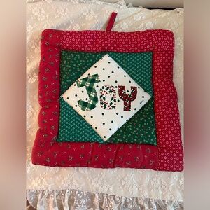 Vtg Quilted Hot Pad Sarah Lynn's  Green Red JOY Christmas 11x11”  Light Stains